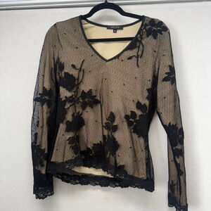 Women's Karen Kane Black & Beige Lace Long Sleeve Tee M